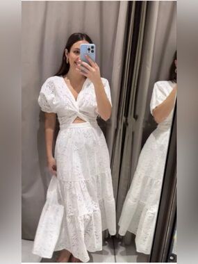 ZARA CUTWORK EMBROIDERY DRESS WITH KNOT WHITE